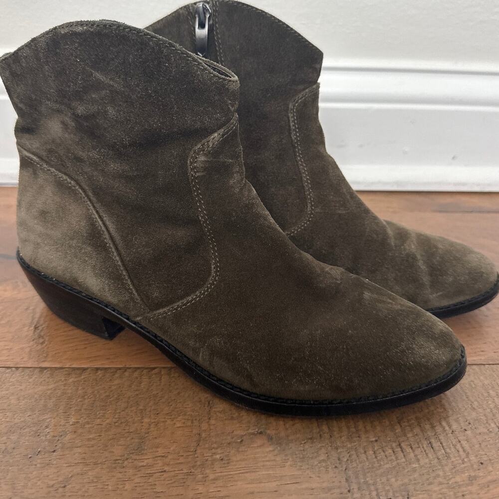 Via Spiga Franka Suede Block Heel Ankle Booties Brown Olive Green Women's Sz 8.5